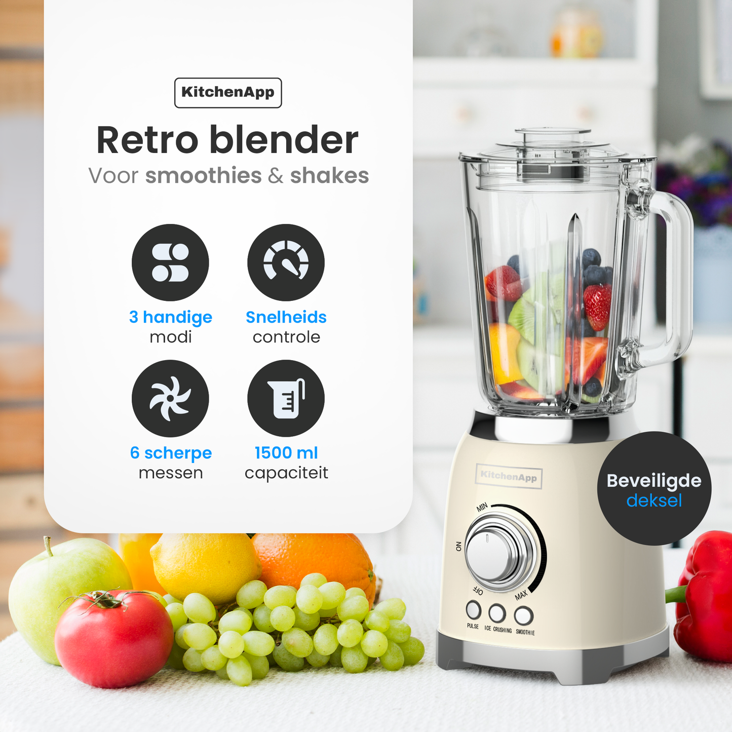 KitchenApp Retro Blender 1.5L – Glazen kan – 800W – Crushed Ice, Smoothie & Pulse – Beige