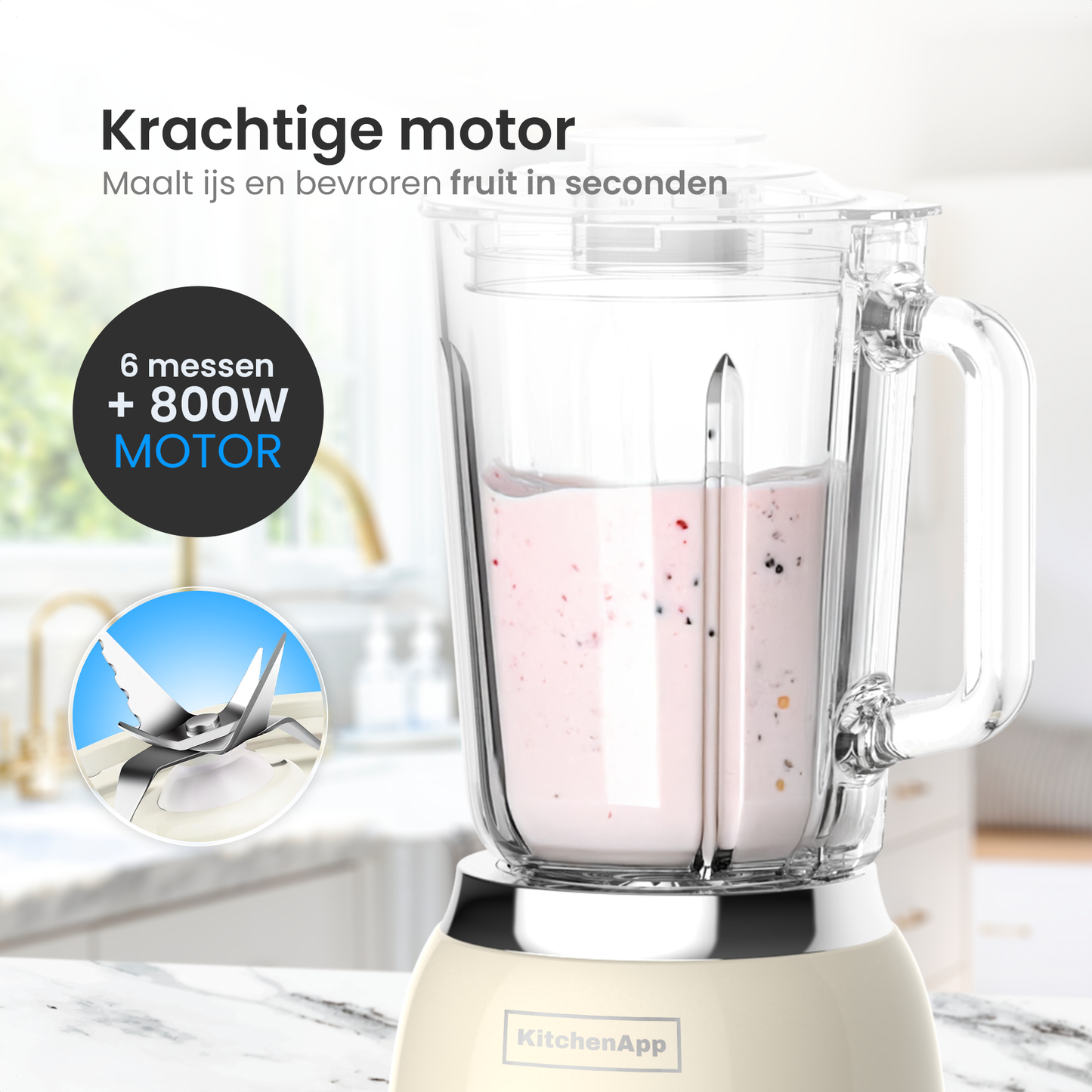 KitchenApp Retro Blender 1.5L – Glazen kan – 800W – Crushed Ice, Smoothie & Pulse – Beige