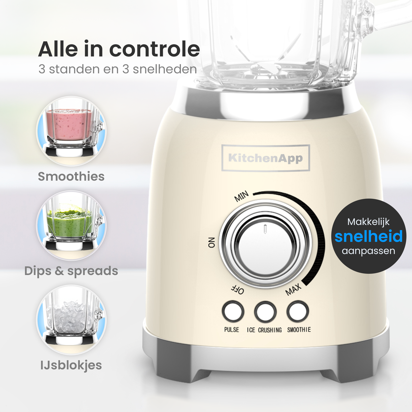 KitchenApp Retro Blender 1.5L – Glazen kan – 800W – Crushed Ice, Smoothie & Pulse – Beige