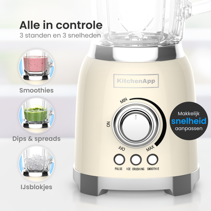 KitchenApp Retro Blender 1.5L – Glazen kan – 800W – Crushed Ice, Smoothie & Pulse – Beige
