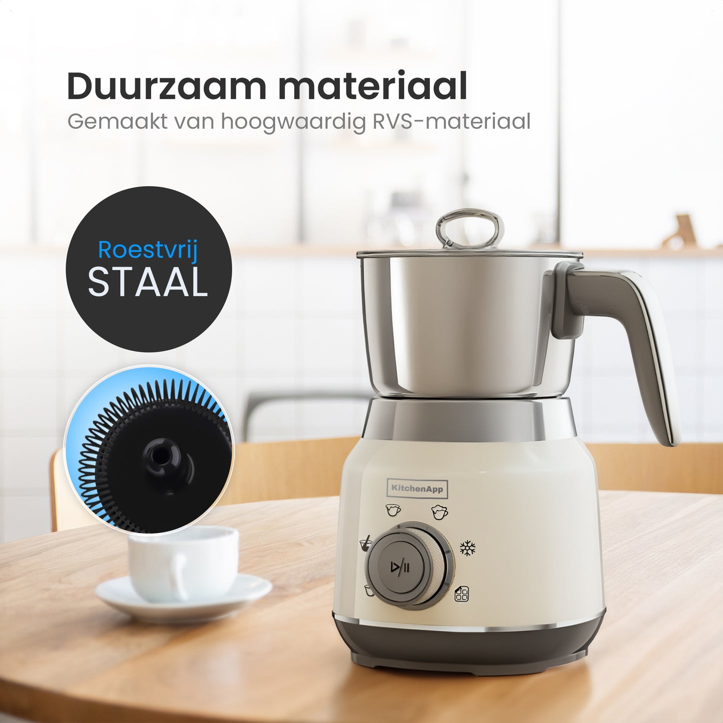 KitchenApp Retro Melkopschuimer RVS kan – PFAS-vrij – Vaatwasserbestendig – Beige