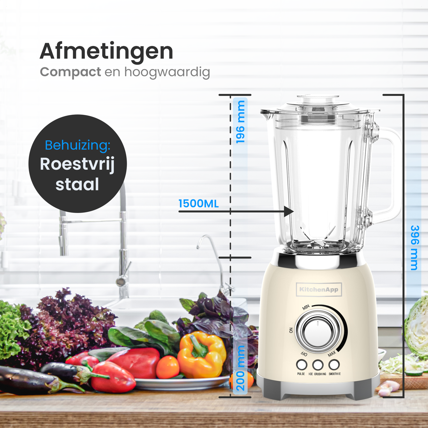 KitchenApp Retro Blender 1.5L – Glazen kan – 800W – Crushed Ice, Smoothie & Pulse – Beige