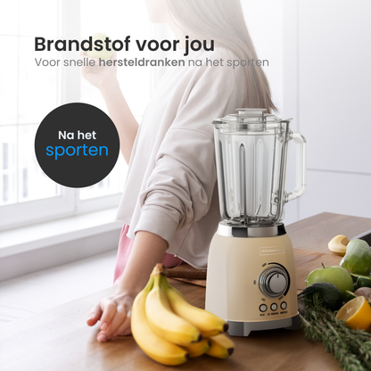 KitchenApp Retro Blender 1.5L – Glazen kan – 800W – Crushed Ice, Smoothie & Pulse – Beige