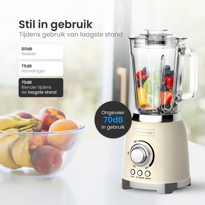 KitchenApp Retro Blender 1.5L – Glazen kan – 800W – Crushed Ice, Smoothie & Pulse – Beige