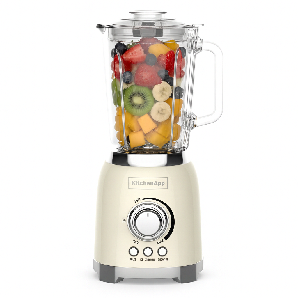 KitchenApp Retro Blender 1.5L – Glazen kan – 800W – Crushed Ice, Smoothie & Pulse – Beige